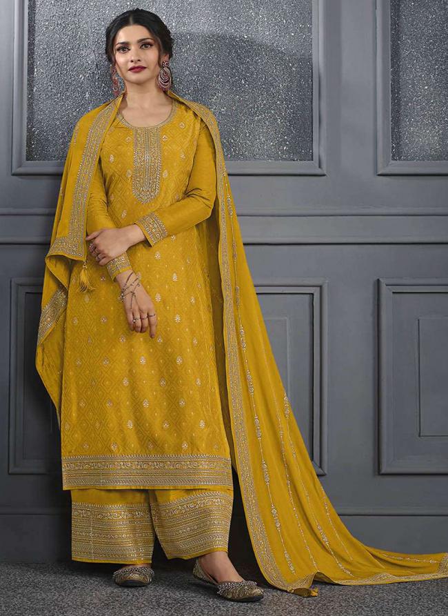 Dola Silk Mustard Wedding Wear Embroidery Work Plazzo Suit